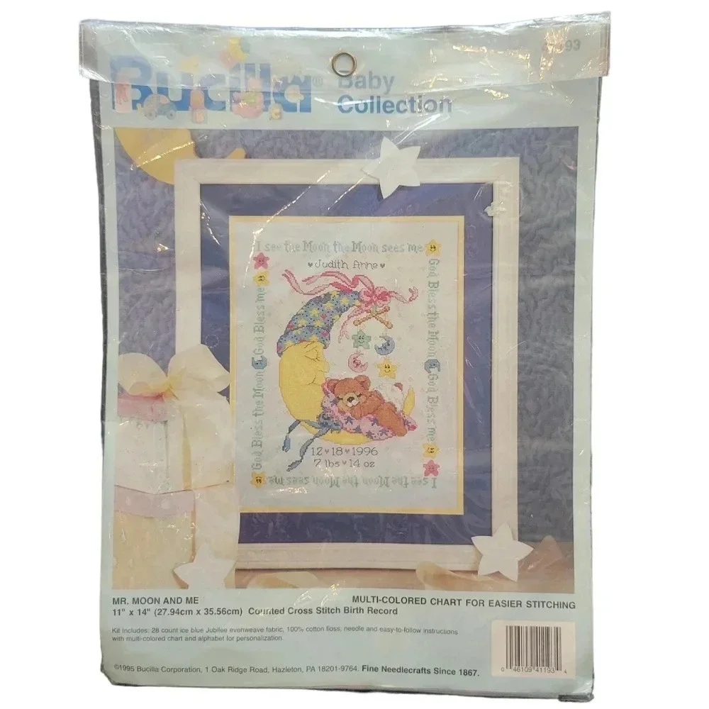 Vintage 1995 Bucilla New Baby Cross-stitch Kit Sampler Moon & Bear